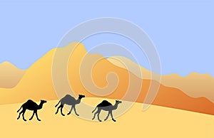Vector camel silhouette on desert sand landscape