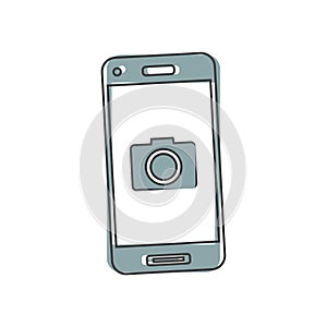 Vector camera icon in the phone cartoon style on white isolated background