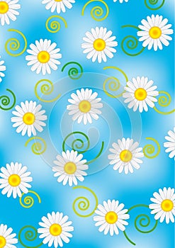 Vector camomiles and spirals on blue background
