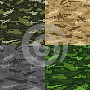 Vector camouflage avia seamless pattern set. Military camo endless texture from jet, aircraft, helicopter, plane, biplane