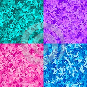 Vector camouflage seamless pattern set. Abstract camo endless neon texture. Tiffany cyan lilac pink blue modern illustration