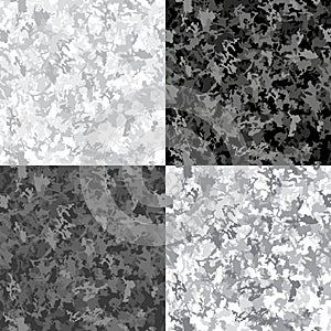 Vector camouflage seamless pattern set. Abstract hunting military camo endless texture. Monochrome black grey white modern