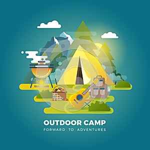 Vector camping background with tourist tent