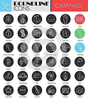 Vector camping circle white black icon set. Modern line black icon design for web.