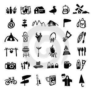 Vector camping icons set for maps, websites and print. Travel images in doodle style. Eco frienly and ethic tourism