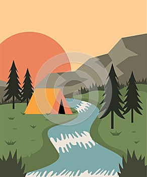 vector camping in the nature with river illustration