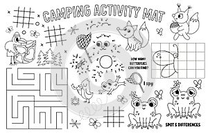 Vector camping placemat for kids. Summer camp holidays printable activity mat with maze, tic tac toe charts, connect the dots,