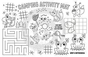 Vector camping placemat for kids. Summer camp holidays printable activity mat with maze, tic tac toe charts, connect the dots, photo
