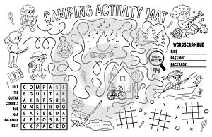 Vector camping placemat. Summer camp holidays printable activity mat with maze, tic tac toe charts, connect the dots, wordsearch.