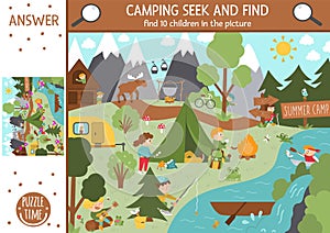 Vector camping searching game with cute children in the forest. Spot hidden kids in the picture. Simple seek and find summer camp