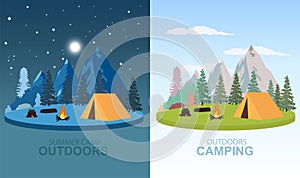 Vector of a camping site in the morning and night with mountains and trees background
