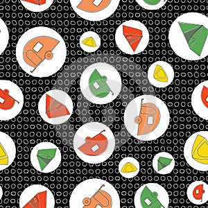 Vector Camping Trailors and Tents in Orange Green Red and Yellow in White Circles on Black Background Seamless Repeat