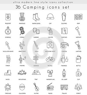 Vector Camping ultra modern outline line icons for web and apps.