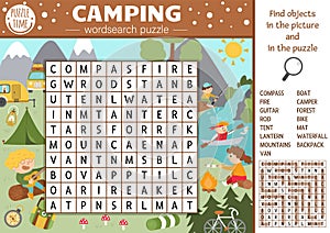 Vector camping wordsearch puzzle for kids. photo