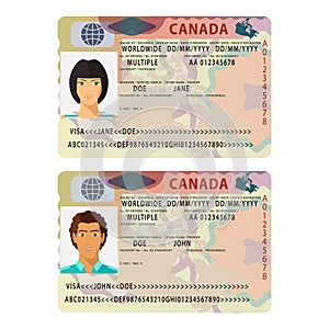 Vector Canada international passport visa sticker template in flat style