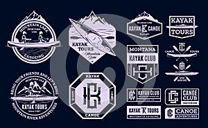 Vector canoeing and kayaking logo, badges and design elements