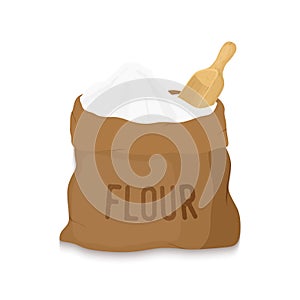 Vector canvas bag with white flour, wooden scoop