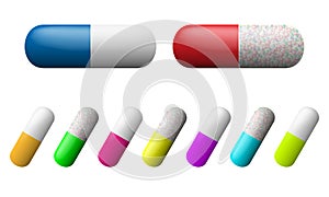 Vector capsules set. Pharmacy drugs icons. Medicament symbols isolated on a white background.