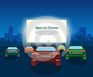 Vector Car Open Air Cinema Card Poster. Vintage Illustration With Cars And Night City