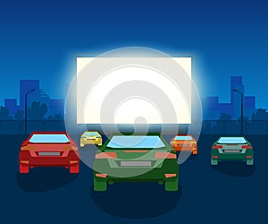 Vector Car Open Air Cinema. Vintage Illustration With Cars And Night City