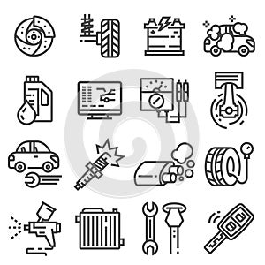 Vector car service and garage isolated icons set on white background, repair, car detail