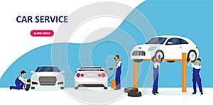 Vector of a car service and repair garage with professional team working to fix auto