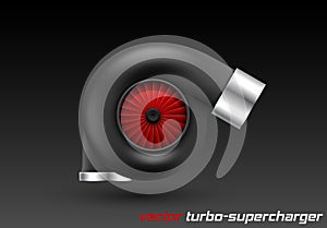 Vector car turbocharger isolated on dark background. Realistic black turbine with red fan icon. Tuning turbo superchardger.