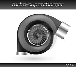 Vector car turbocharger isolated on white background. Realistic black turbine icon. Tuning turbo superchardger.