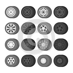 Vector car wheels and tires set in flat style