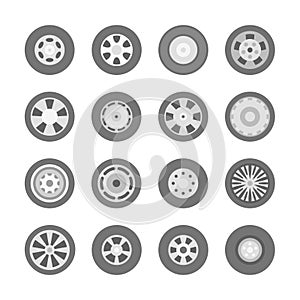 Vector car wheels and tires set in flat style