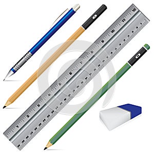 Vector Carbon pencil. Pencil eraser ruler and pen on white background. Object tool for office stationery and school.