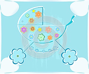 Vector card for babyshower. perambulator for boy