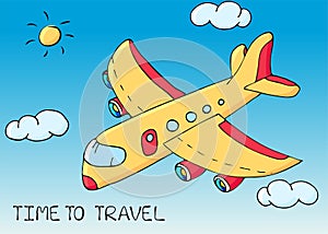 Vector card or banner with colorful funny doodle airplane and text message. Hand drawn sketch elements. Vector illustration for