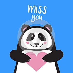 Vector card, banner lettering letters I miss you, cartoon panda holding heart and smiling