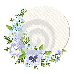 Vector card with blue and purple pansy and forget-me-not flowers. Eps-10.