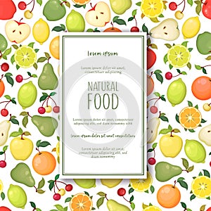 Vector card with colorful apples, oranges, pears, lemons and limes isolated on white background. Natural fresh fruits concept