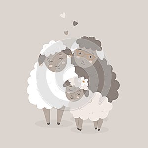Vector card with cute sheeps parents with happy child. Animals mom, dad and baby sheep characters for family day