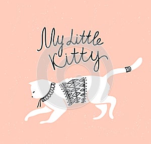 Vector card with cute white cat and stylish lettering 'my little kitty'