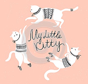 Vector card with cute white cats and stylish lettering 'my little kitty'.