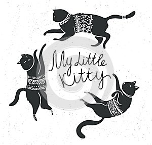 Vector card with cute white cats and stylish lettering 'my little kitty'.