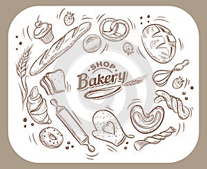 Vector card design with drawn baking illustration. Bakery or bakehouse menu.