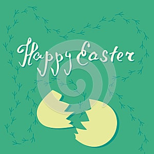 Vector card of easter egg and cracked eggshell on green background with chicken footprints