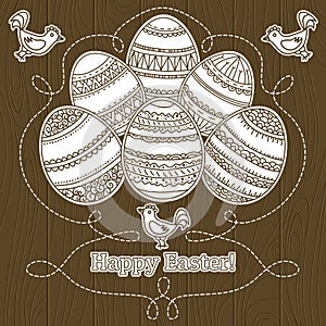 Vector card for Easter holidays with geometric decorated eggs for coloring book. Hand drawn decorative elements in vector. Wooden
