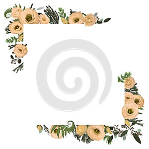 Vector card floral design with eucalyptus, branches boxwood, buxus, brunia, botanical green and flowers eustoma cream. Decorative
