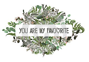 Vector card floral design with green watercolor, eucalyptus, forest fern, herbs, eucalyptus, branches boxwood, buxus, brunia,