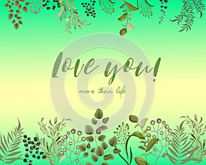 Vector card floral design with green watercolor fern leaves tropical forest greenery herbs decorative frame, border. Elegant