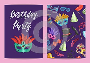 Vector card or flyer template with masks and party accessories