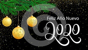 Vector card Happy New Year 2020 in Spanish language with glitter on black