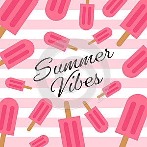 Vector card with ice cream and lettering. Hello summer. Typographic printable banner for summer design. Hand drawing