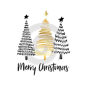 Vector card Merry Christmas with hand drawn trees and text